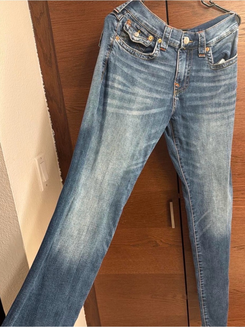 True Religion Men's Straight Leg Jeans in Light Blue Wash